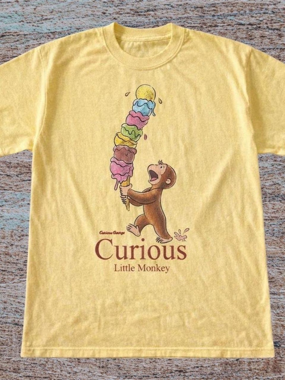 Gildan Yellow Tee with Curious Little Monkey Ice Cream Graphic